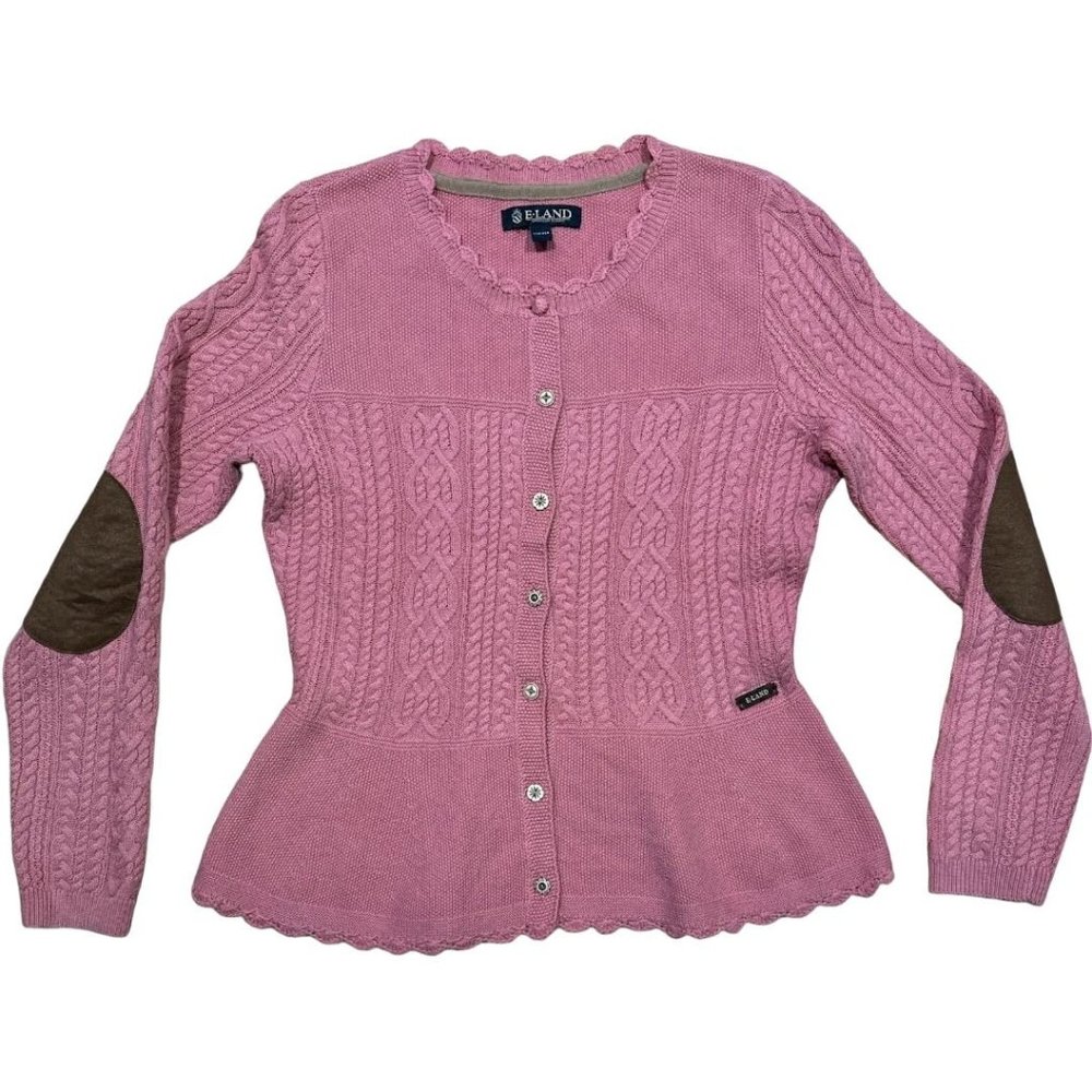 Vintage E Land American Classic Pink Knit Button Sweater Cardigan Academia Elbow